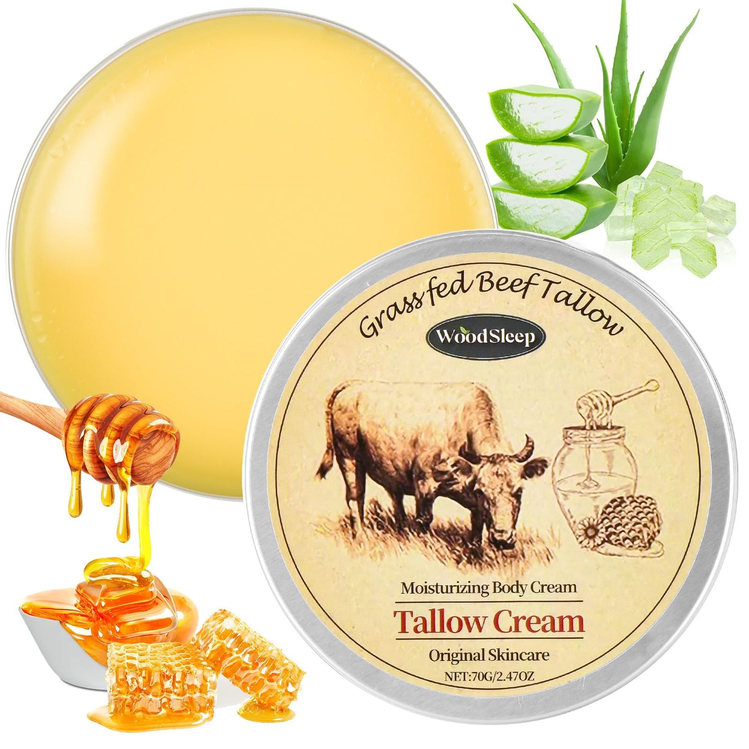 ZEVOFIUR Beef Tallow and Honey Balm for Skin,Beef Tallow Beeswax and Honey,Organic Grass-Fed Beef Tallow Balm with Raw Honey Moisturizing CreamWith Honey Face Body Moisturizer 2.5oz