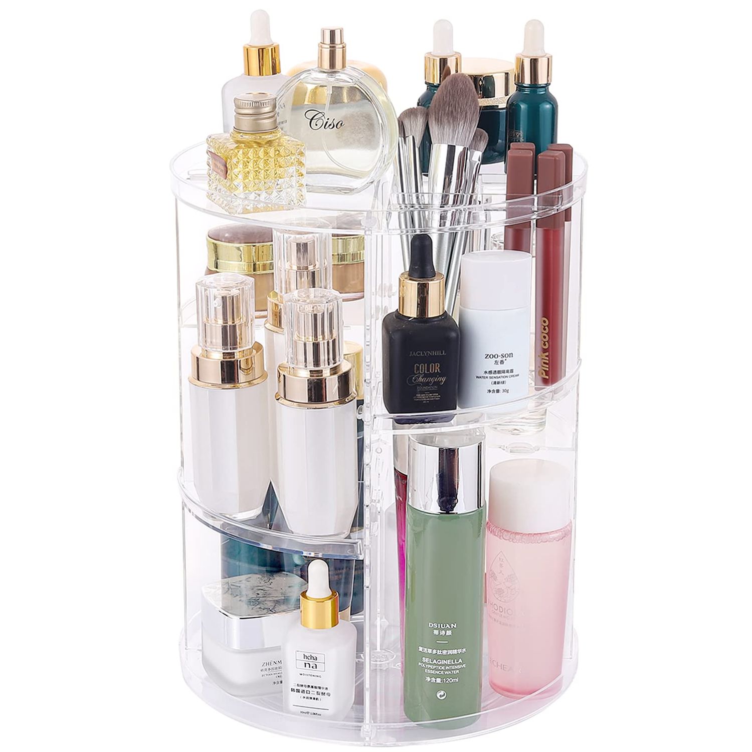 SuoXing 360 Rotating Makeup Organizer for Vanity,DIY Adjustable Height Cosmetic Display Cases,Clear Plastic Spinning Makeup Stand Holder for Perfume,Skin Care,Brush,Beauty,Skincare Product Organizer