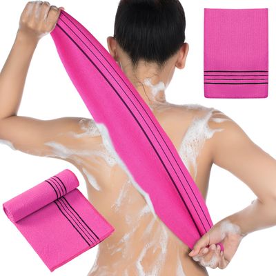 Hosuly 2 Pcs Korean Exfoliating Washcloth and Mitts Set Long Exfoliating Back Italy Towel Scrub Mitt Wash Cloth Scrubber for Women Men Shower Dead Skin Removing Dry Skin (Rose Red)