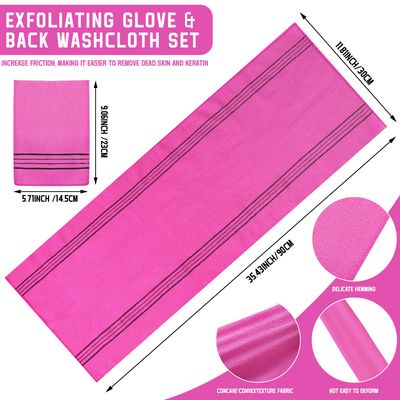 Hosuly 2 Pcs Korean Exfoliating Washcloth and Mitts Set Long Exfoliating Back Italy Towel Scrub Mitt Wash Cloth Scrubber for Women Men Shower Dead Skin Removing Dry Skin (Rose Red)