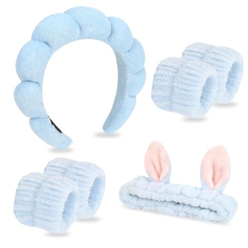 YISSION Spa Headband &amp; Wristband Set Puffy Bunny Ears Skincare Headband &amp; Wrist Bands for Washing Face Makeup Sponge Facial headband &amp; wrist towels for Women Girls Blue