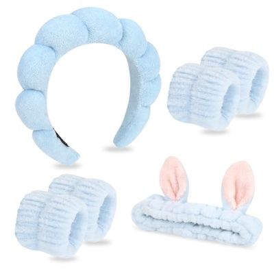 YISSION Spa Headband &amp; Wristband Set Puffy Bunny Ears Skincare Headband &amp; Wrist Bands for Washing Face Makeup Sponge Facial headband &amp; wrist towels for Women Girls Blue