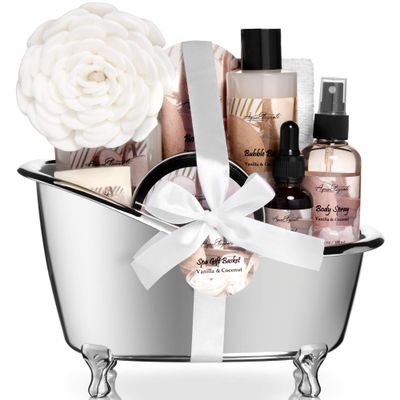 Spa Gift Baskets For Women - Luxury Bath Set With Coconut &amp; Vanilla - Spa Kit Includes Body Wash, Bubble Bath, Lotion, Body Butter, Soap, Body Spray, Shower Puff, and Towel