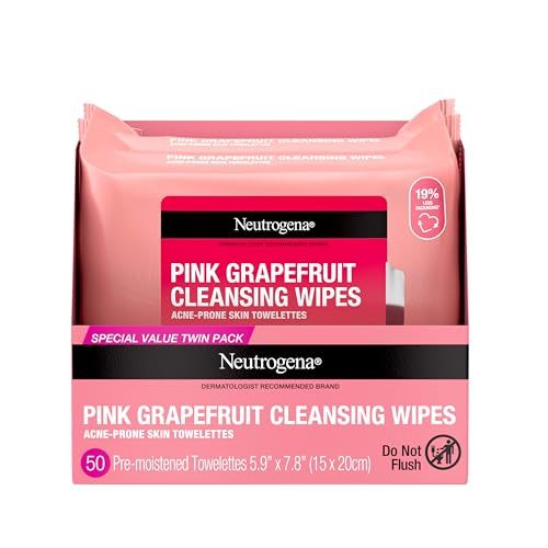 Neutrogena Makeup Remover Wipes, Facial Cleansing Wipes Suitable for Oily &amp; Acne Prone Skin, Wipes Away Bacteria, Dirt &amp; Oil, Scented Facial Wipes with Pink Grapefruit Extract, 50 Count