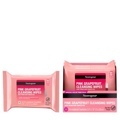 Neutrogena Makeup Remover Wipes, Facial Cleansing Wipes Suitable for Oily &amp; Acne Prone Skin, Wipes Away Bacteria, Dirt &amp; Oil, Scented Facial Wipes with Pink Grapefruit Extract, 50 Count