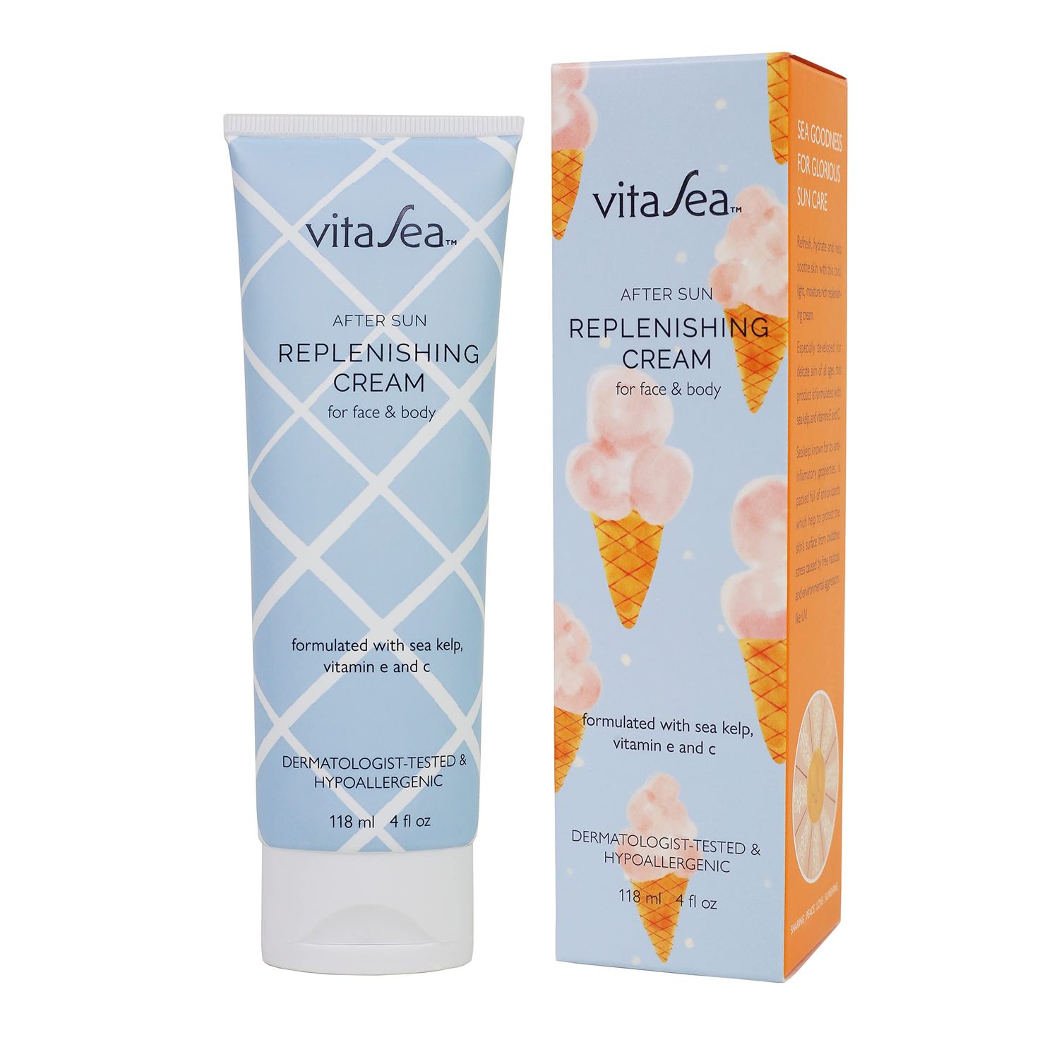 VitaSea After Sun Replenishing Cream for Face and Body, Refresh, Hydrate &amp; Soothe Heat Exposed Skin, Fast-Absorbing Vegan After Sun Care, Formulated with Sea Kelp, Vitamin E &amp; C, 4 Fl Oz