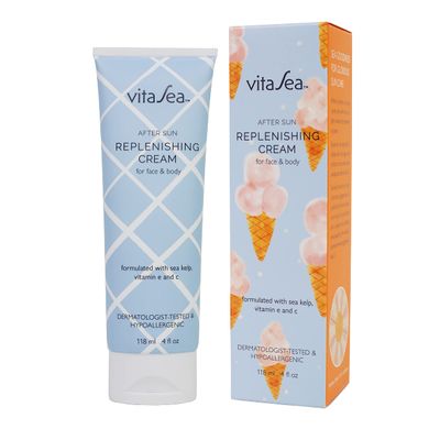 VitaSea After Sun Replenishing Cream for Face and Body, Refresh, Hydrate &amp; Soothe Heat Exposed Skin, Fast-Absorbing Vegan After Sun Care, Formulated with Sea Kelp, Vitamin E &amp; C, 4 Fl Oz