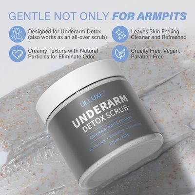 Underarm Detox Scrub with Charcoal, Coconut, and Mint - Odors Eliminating, Deep Cleansing, Exfoliating Body Scrub, Dark Armpit Remover, Deodorant Armpit Detox Scrub for Women and Men, 7.76 oz