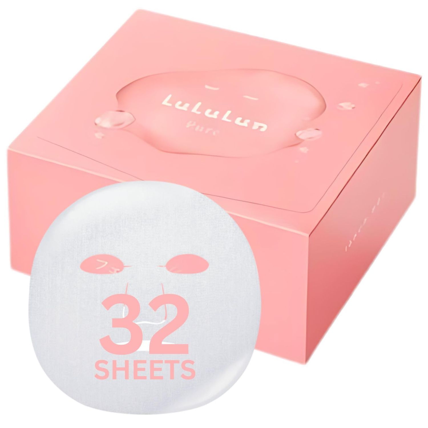 Lululun 32pc Facial Sheet Masks Hydrating &amp; Moisturizing Face Masks with Smoothing Organics Extracts, Japanese Daily Face Skincare for Dry Skin, PURE PINK
