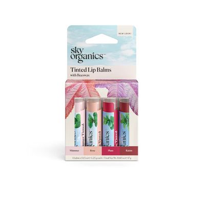 Sky Organics Tinted Lip Balms with Beeswax and a Rich Nourishing Blend of Plant Oils, Moisturizing Lip Balm to Lock In Moisture and Add A Sheer Wash Of Color &amp; Shine , Four Assorted Flavors, 4pk.