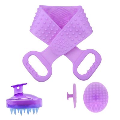 Silicone Body Kit- back and body scrubber - double sided - ergonomic handle - with hair scalp shampooing massager and facial cleansing- make-up remover pad. (purple)