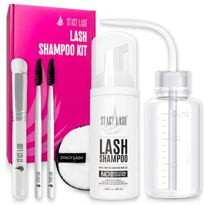 STACY LASH Lash Shampoo Kit Foaming Cleanser with Eye Lash Spoolies &amp; Rinse Bottle &amp; Cleansing Pad &amp; Brush for Eyelash Extensions &amp; Clusters &amp; Natural Eyelashes