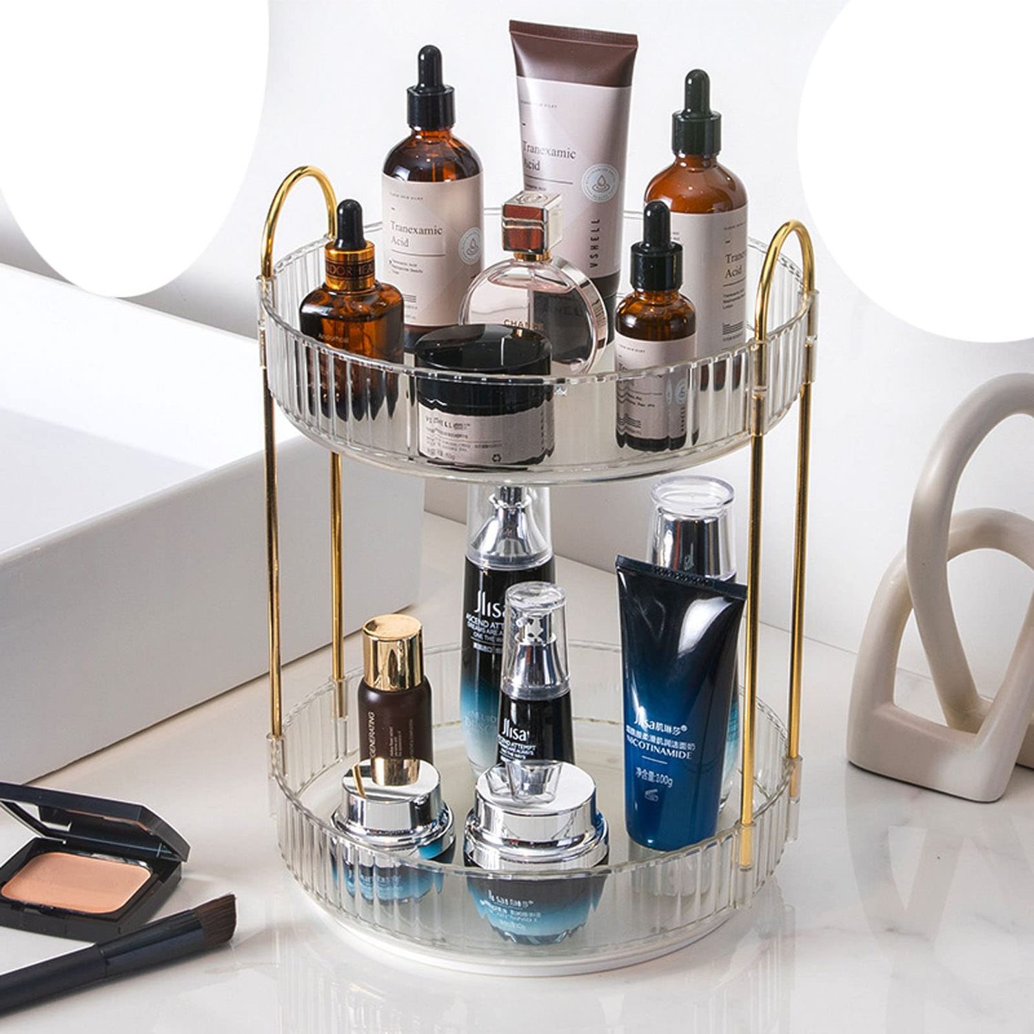 Makeup Organizer, 360 Rotating Makeup Vanity Storage Case, Large Capacity Skin Care Transparent Cosmetics Desk Storage Box Perfume Makeup Mirror Table, Makeup Brush Holder (White two layer)