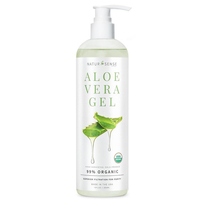 NTRSNS NaturSense Organic Aloe Vera Gel from 100% Pure Aloe. Great for Hair, Scalp, Face, Dry Skin, Acne, Winter Skin, Sunburn, Sensitive Skin. Unscented, USDA Certified, 12 oz.
