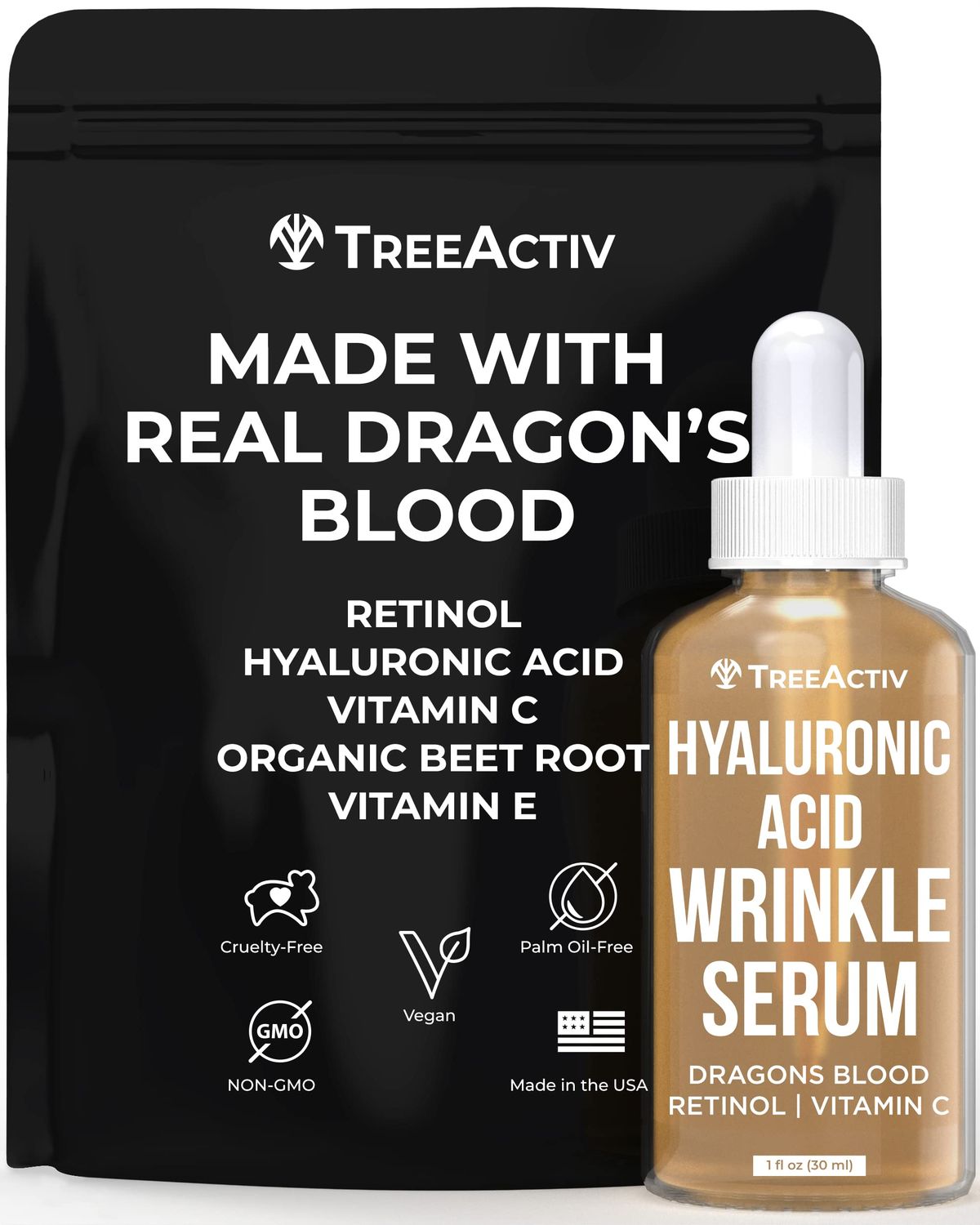 Hyaluronic Acid Wrinkle Serum, Vitamin C Serum for Face with Hyaluronic Acid, Retinol Serum for Face for Skin Elasticity, Fine Lines, and Dark Spots, Wrinkle Serum, 60-Day Supply TreeActiv