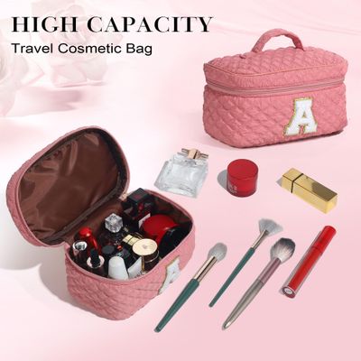 YOOLIFE Bridesmaid Proposal Gifts for Women - Monogram Make Up Bag Travel Makeup Bag Teen Girl Stuff Gifts Checkered Makeup Bag Wedding Gifts Girlfriend Wife Sister Aunt Gifts for Women Pink Letter K