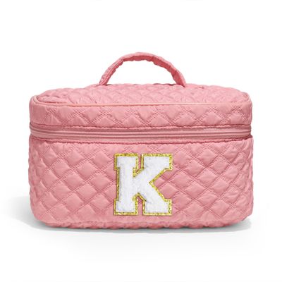 YOOLIFE Bridesmaid Proposal Gifts for Women - Monogram Make Up Bag Travel Makeup Bag Teen Girl Stuff Gifts Checkered Makeup Bag Wedding Gifts Girlfriend Wife Sister Aunt Gifts for Women Pink Letter K