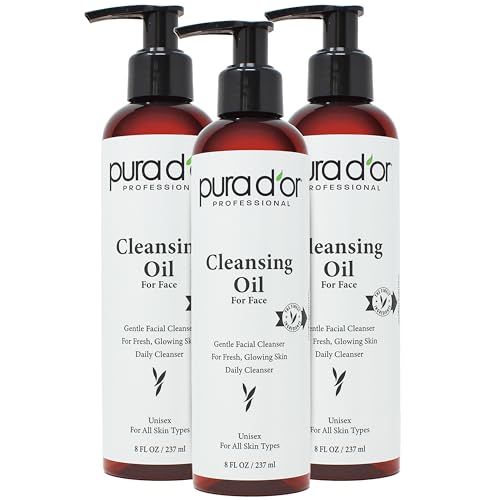 PURA D&#39;OR Facial Cleansing Oil (8 Oz x3 = 24 Oz) Nourishing Botanical Blend with &amp; Vitamin, Jojoba and Sunflower Oil - Gentle Makeup Remover &amp; Deep Cleanser For Healthy, Glowing Skin - Paraben-Free