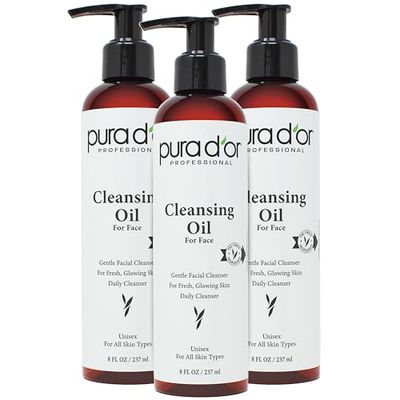 PURA D&#39;OR Facial Cleansing Oil (8 Oz x3 = 24 Oz) Nourishing Botanical Blend with &amp; Vitamin, Jojoba and Sunflower Oil - Gentle Makeup Remover &amp; Deep Cleanser For Healthy, Glowing Skin - Paraben-Free