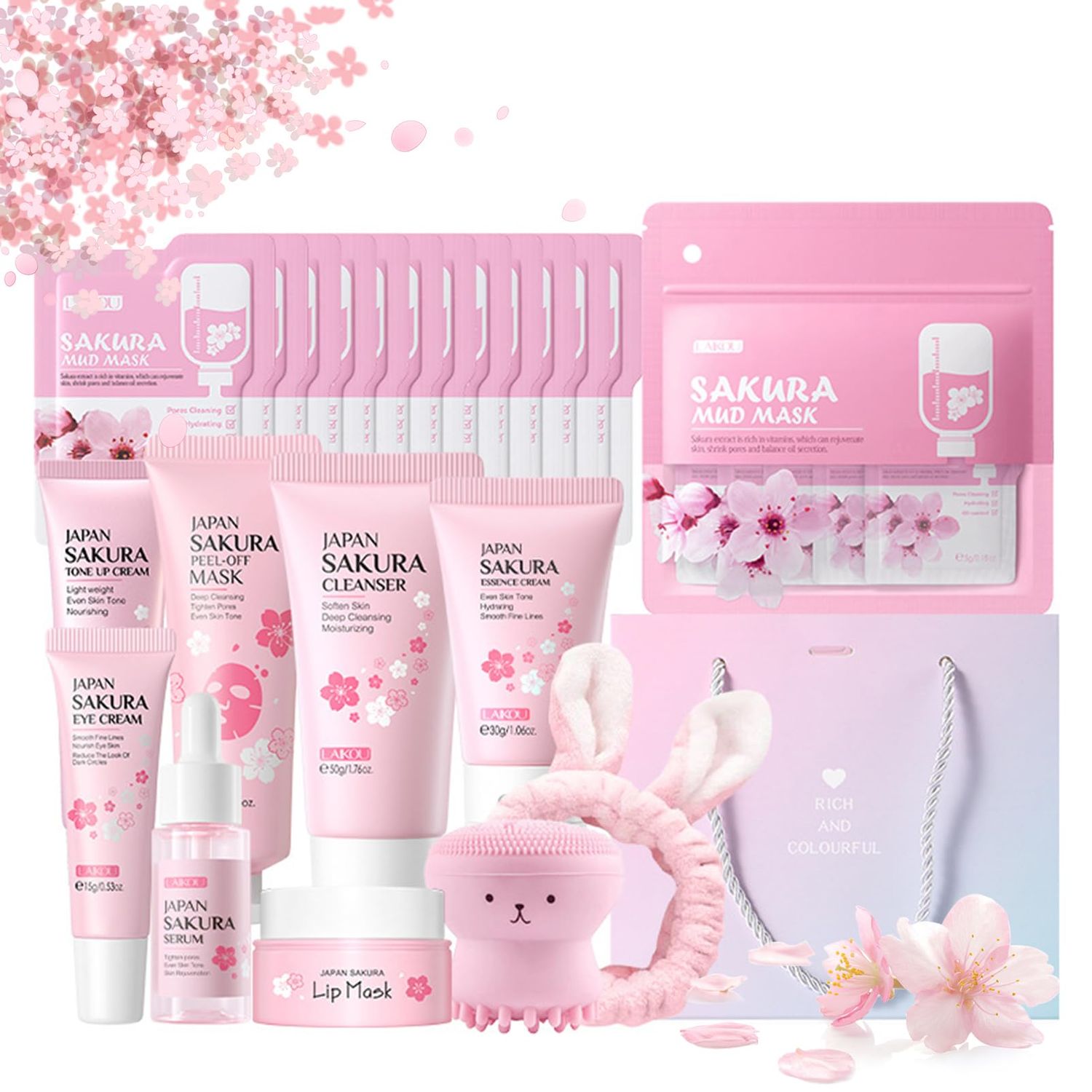 Sakura Skin Care Sets &amp; Kits, Japanese Cherry Blossom Gifts for Teenage Girls, Pamper Sets for Women Gifts, Facial kit Daily Care All In One Set, Travel Kit for Women Teen Girls Mom Birthday, 32PCS
