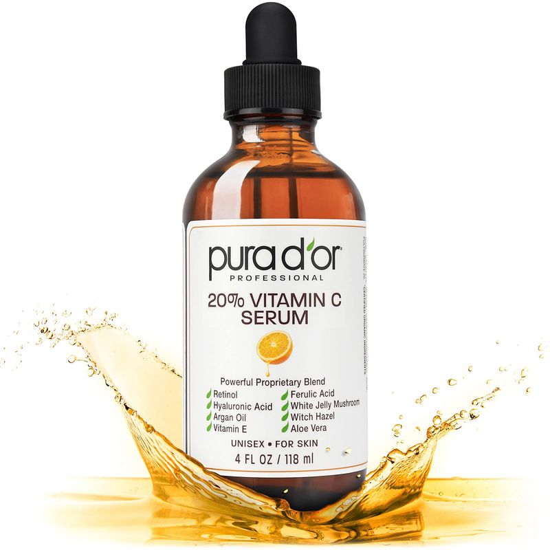 PURA D&#39;OR 20% Vitamin C Serum 4 Oz - Lightweight Maximum Strength Formula - Retinol, Hyaluronic Acid, Ferulic Acid - Professional Grade Treatment For Face &amp; Eyes, Wrinkles - Men &amp; Women