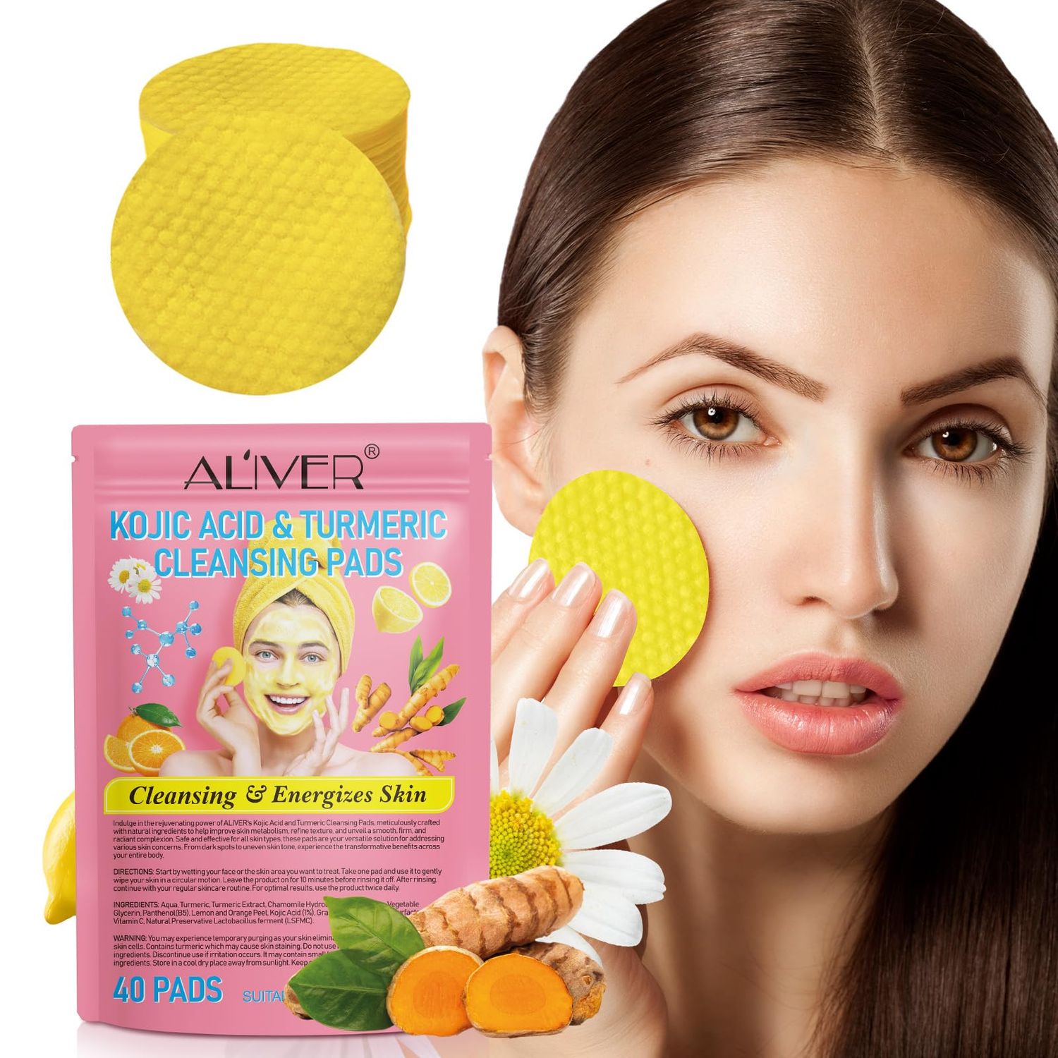 Turmeric Kojic Acid Cleansing Pads, 40PCS Kojic Acid and Turmeric Cleansing Pads for Face and Body, Helps Balance Skin Oil and Water, Remove Excess Keratin from The Body&#39;S Skin