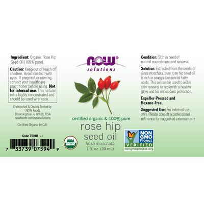 NOW Solutions, Organic Rose Hip Seed Oil, Certified Organic and 100% Pure, For Facial Care, Expeller Pressed, Vegan, Child Resistant Euro Dropper, 1-Ounce