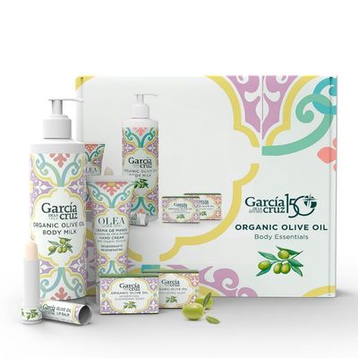 Olive Oil Body Essentials Kit by Garcia de la Cruz Extra Virgin Olive Oil Infused Skin Care Gift Set includes Body Milk, Lip Balm, Hand Cream, and 2 Soaps