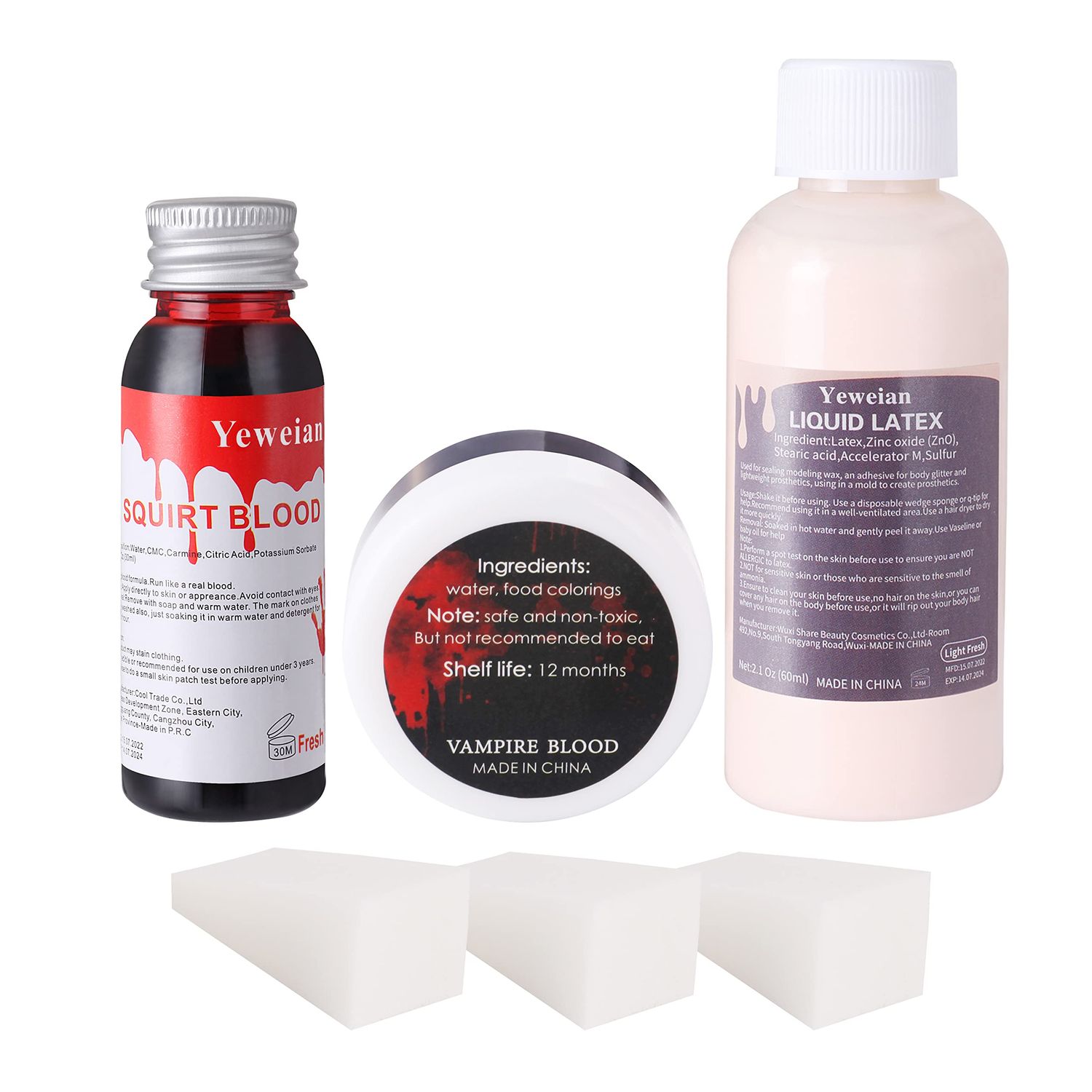 Yeweian Liquid Latex SFX Makeup Kit, 2.1Oz Latex Liquid with Coagulated Fake Blood Gel, Squirt Blood and Stipple Sponge, Halloween Monster Zombie Clown Makeup for Scald Burn Scar Wound,Cut,Skin Decay
