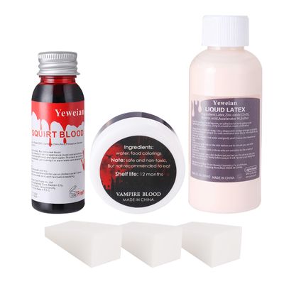 Yeweian Liquid Latex SFX Makeup Kit, 2.1Oz Latex Liquid with Coagulated Fake Blood Gel, Squirt Blood and Stipple Sponge, Halloween Monster Zombie Clown Makeup for Scald Burn Scar Wound,Cut,Skin Decay
