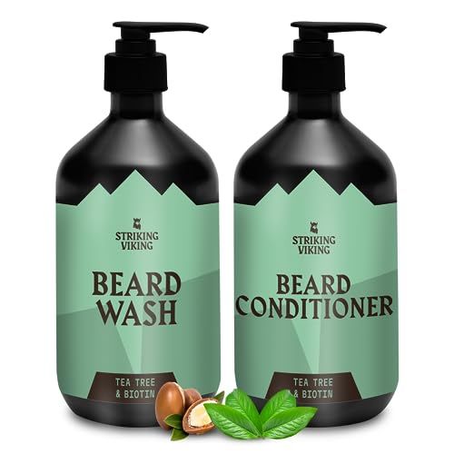 Striking Viking Beard Wash and Conditioner (Tea Tree &amp; Biotin) - Paraben &amp; Sulfate Free Cleansing Care for All Beard Types (10oz Per Bottle)
