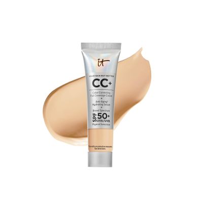 IT Cosmetics Your Skin But Better CC+ Cream Travel Size, Medium - Color Correcting Cream, Full-Coverage Foundation, Hydrating Serum &amp; SPF 50+ Sunscreen - Natural Finish - 0.406 fl oz
