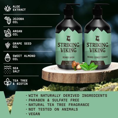 Striking Viking Beard Wash and Conditioner (Tea Tree &amp; Biotin) - Paraben &amp; Sulfate Free Cleansing Care for All Beard Types (10oz Per Bottle)