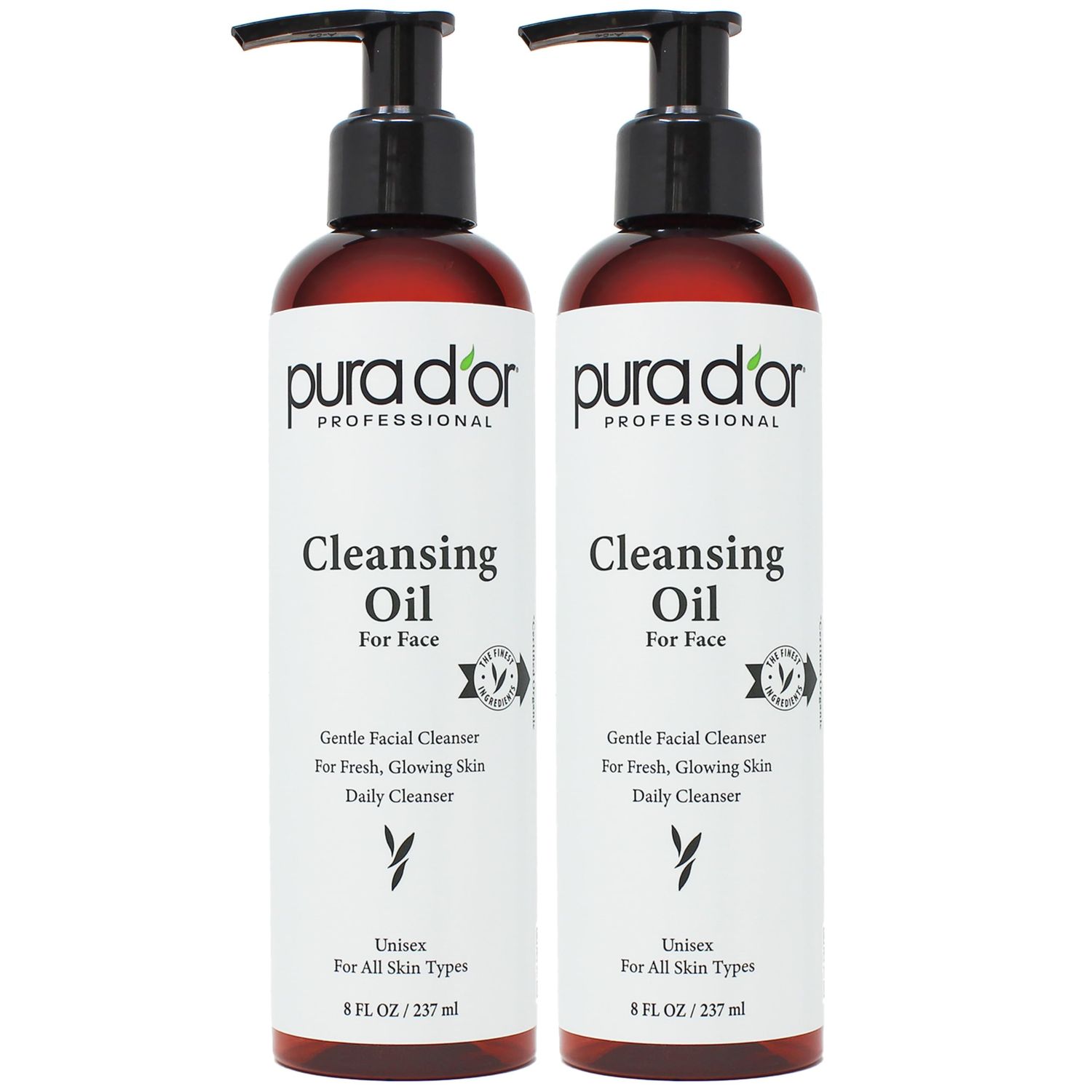 PURA D&#39;OR Facial Cleansing Oil (8 Oz x2 = 16 Oz) Nourishing Botanical Blend with &amp; Vitamin, Jojoba and Sunflower Oil - Gentle Makeup Remover &amp; Deep Cleanser For Healthy, Glowing Skin - Paraben-Free