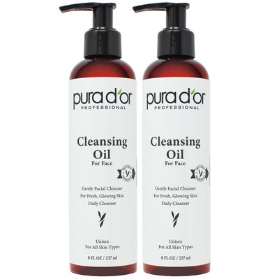 PURA D&#39;OR Facial Cleansing Oil (8 Oz x2 = 16 Oz) Nourishing Botanical Blend with &amp; Vitamin, Jojoba and Sunflower Oil - Gentle Makeup Remover &amp; Deep Cleanser For Healthy, Glowing Skin - Paraben-Free