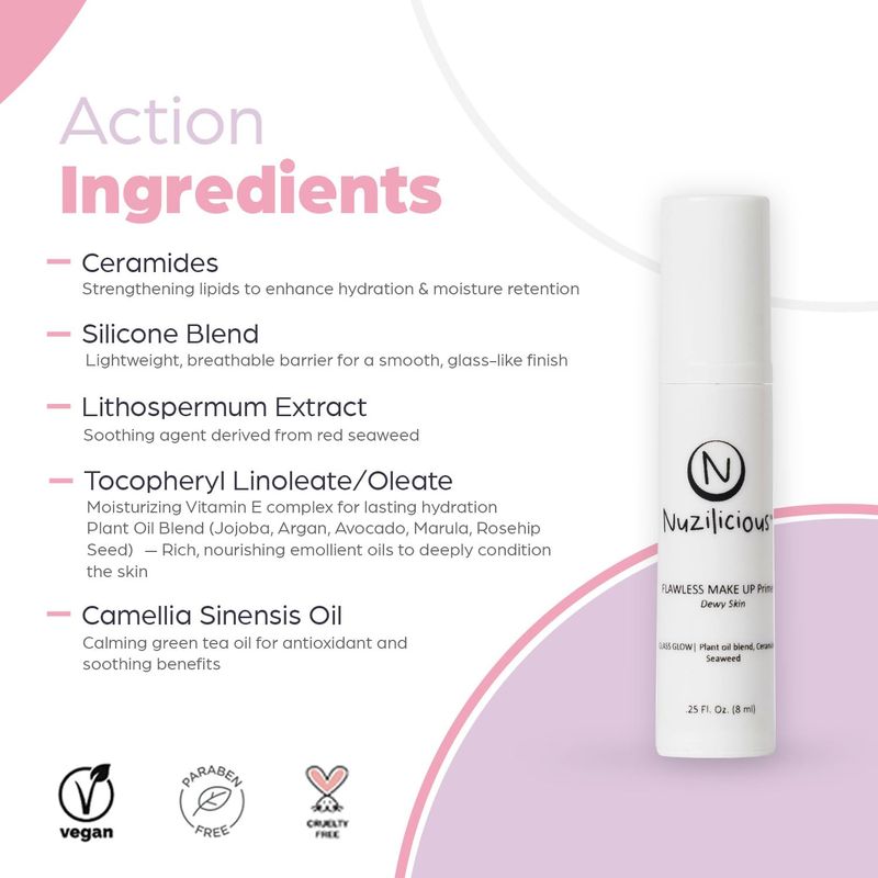 Nuzilicious Professional Grade Glass Glow Makeup Primer - Achieve Flawless, Dewy Skin with Luxurious Plant Oil Blend, Ceramide &amp; Seaweed Extracts, Vegan &amp; Cruelty-Free, (0.25 oz)
