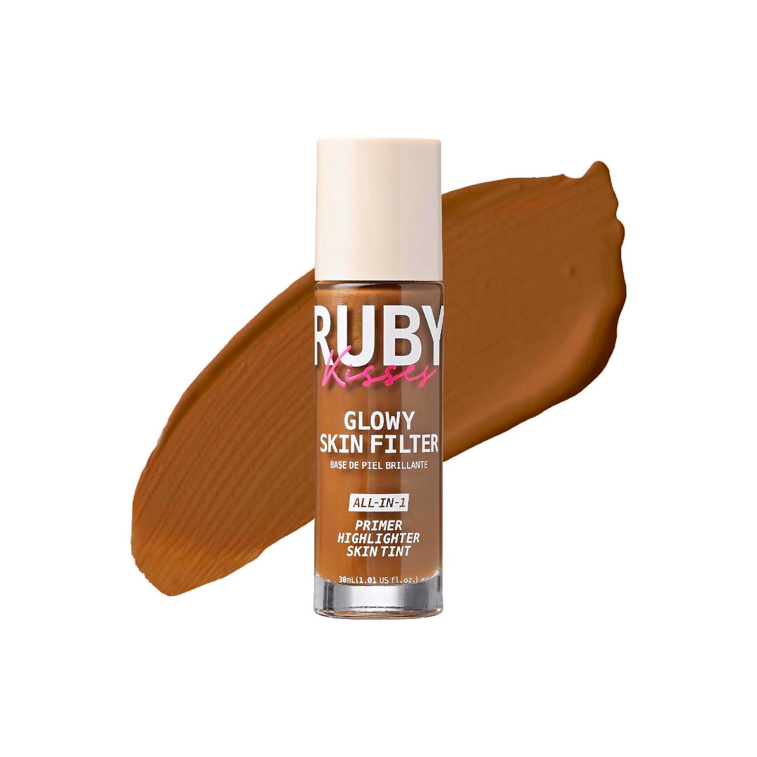 Ruby Kisses Glowy Skin Filter Foundation - All-in-1 Primer, Skin Tint &amp; Highlighter, Hydrating Light Coverage with Squalane, Natural Dewy Finish, Luminous &amp; Radiant Glow (Deep)