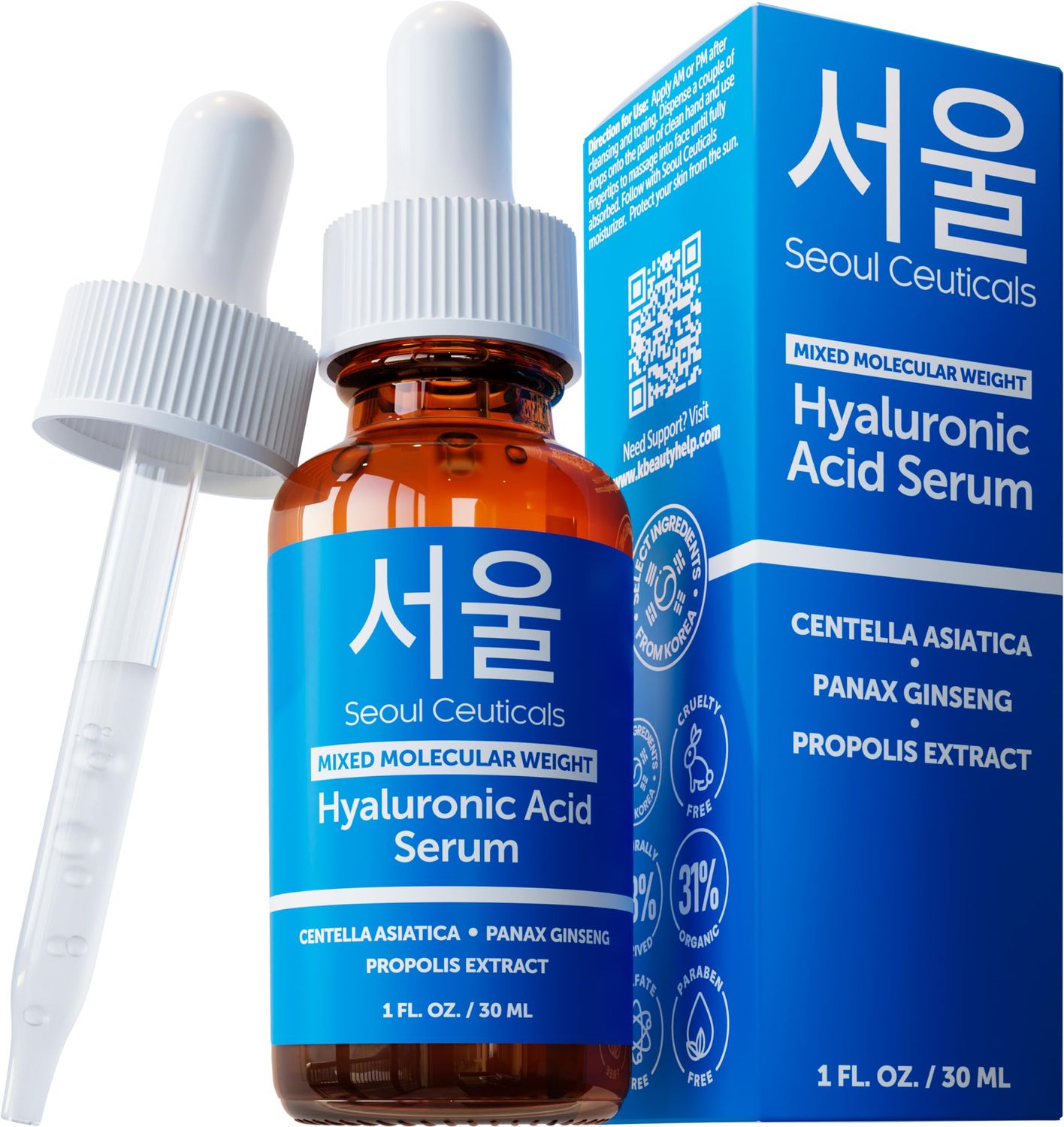 SeoulCeuticals Korean Hyaluronic Acid Serum For Face - High Molecular Weight &amp; Low Molecular Weight Hyaluronic Acid - Centella Serum + Propolis. 1oz