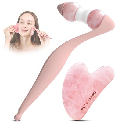 Rena Chris Facial Roller and Gua Sha Set - Jade Gua Sha Facial Tools &amp; Face Roller with Aluminum Alloy Handle and 316 Stainless Steel Shaft for Puffiness Reducing,Skin Care Gift for Women