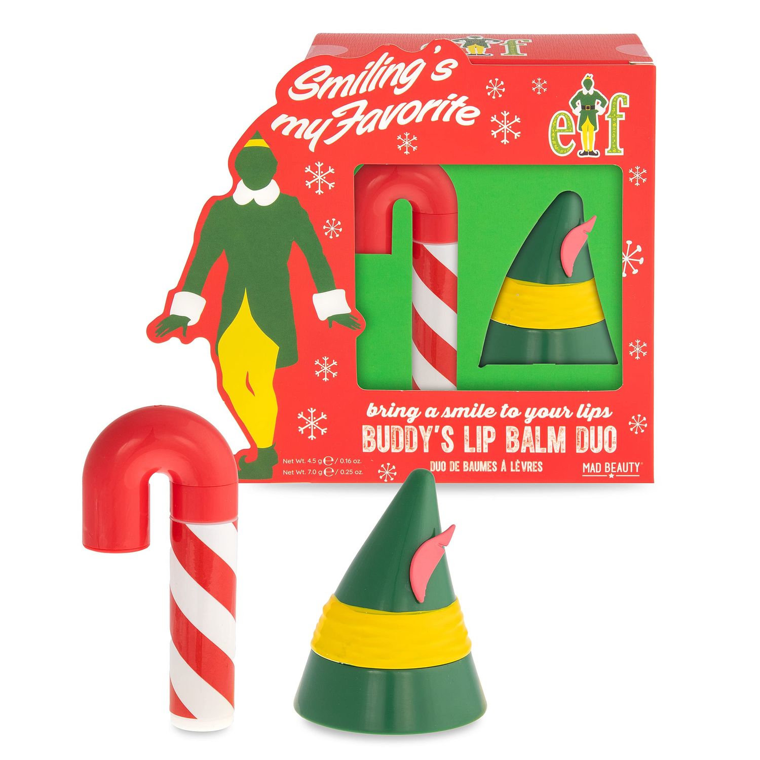 MAD BEAUTY Warner Bros Elf Lip Balm Duo, Candy Cane &amp; Elf Hat, Sweet Fruity Fragrance, Moisturizing, Gift, Travel Size, Christmas, Holidays