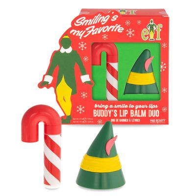 MAD BEAUTY Warner Bros Elf Lip Balm Duo, Candy Cane &amp; Elf Hat, Sweet Fruity Fragrance, Moisturizing, Gift, Travel Size, Christmas, Holidays