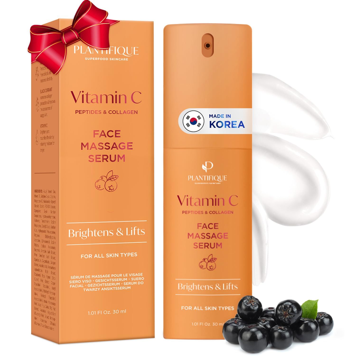 PLANTIFIQUE Korean Vitamin C Face Massage Serum - Perfect for Gua Sha Facial Tools - Collagen &amp; Peptides for Ultimate Hydration and Anti-Aging Glow - Even Skin Tone