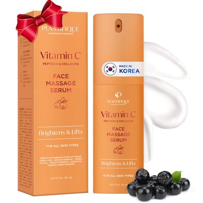 PLANTIFIQUE Korean Vitamin C Face Massage Serum - Perfect for Gua Sha Facial Tools - Collagen &amp; Peptides for Ultimate Hydration and Anti-Aging Glow - Even Skin Tone