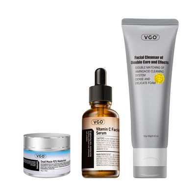 VGO Skin Care Set, with Snail Mucin 92% Moisturizer 1.76 Oz, Vitamin C Serum 1.01 Oz &amp; Dual-Tube Facial Cleanser 3.52 Oz, 3 Step Facial Skin Care Kit