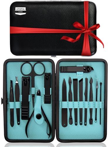 Utopia Care 15-Set Valentines Day Gifts for Her and Him Manicure Kit Nail Clippers for Men and Women, Manicure Set with Nail Kit, Pedicure Kit Grooming Kit with Luxurious Travel Case - Black