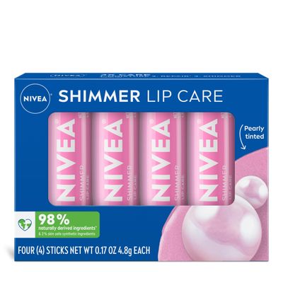 NIVEA Shimmer Lip Care, Shimmer Lip Balm Pack with Shea Butter, Nourishing Oils and Vitamin C &amp; E, 3-in-1 Moisture, Repair (for Dry Lips) and Shimmer, 0.17 Oz Stick, Pack of 4