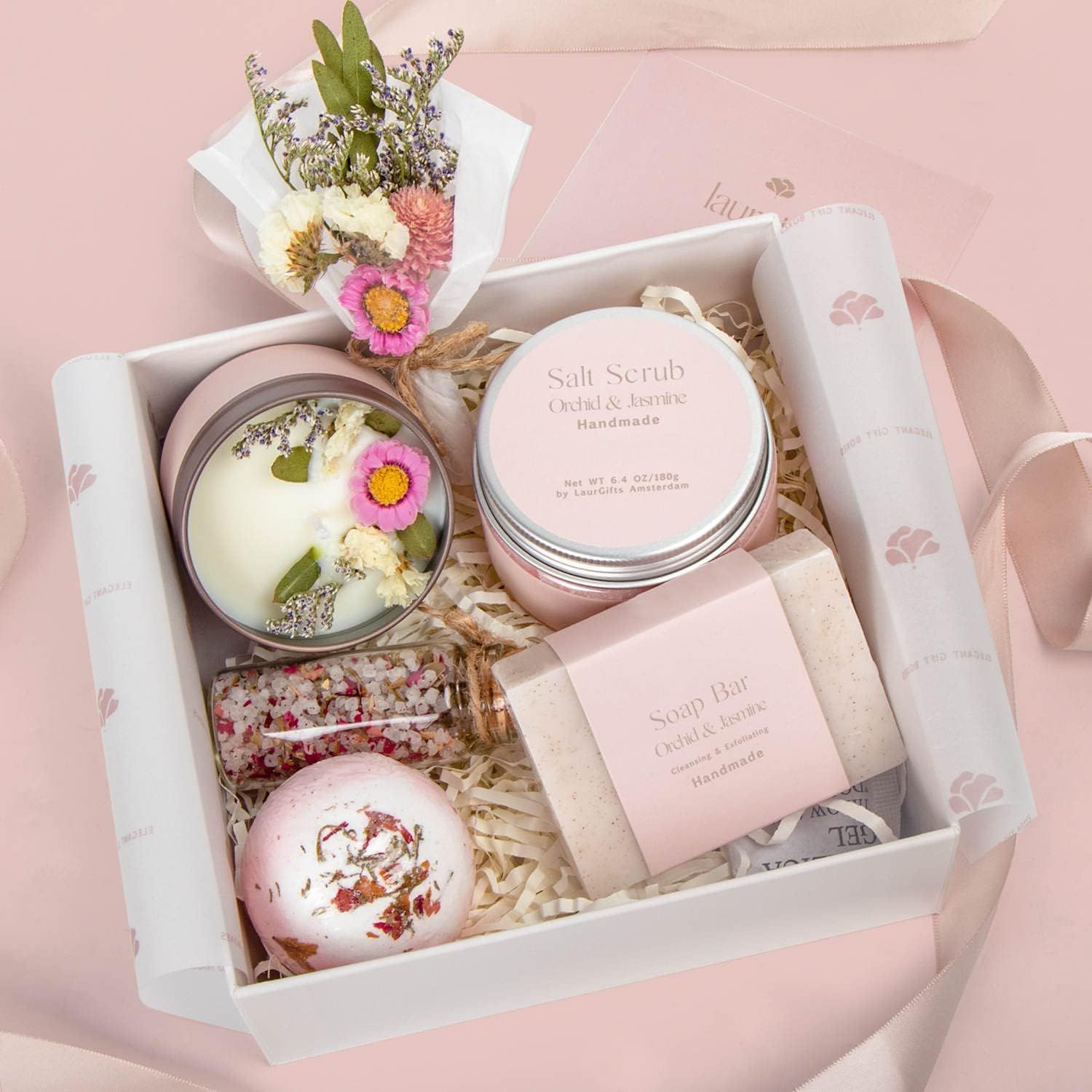 LaurGifts Orchid &amp; Jasmine Spa Gift Set for Women - Luxurious Spa Gift Baskets for Women - Perfect Birthday Gifts for Women, Gifts for Mom, Wife, Sister, Friend, Bath Gifts for Women