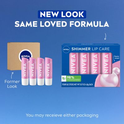 NIVEA Shimmer Lip Care, Shimmer Lip Balm Pack with Shea Butter, Nourishing Oils and Vitamin C &amp; E, 3-in-1 Moisture, Repair (for Dry Lips) and Shimmer, 0.17 Oz Stick, Pack of 4