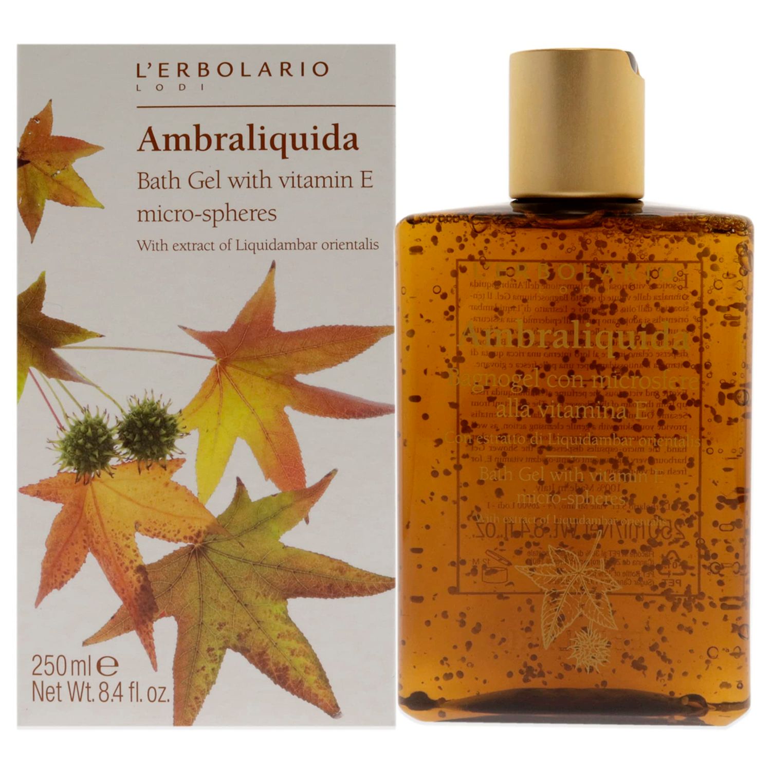 L&#39;Erbolario - Ambraliquida - Bath Gel - Infused with Vitamin E Micro-Spheres - Toning and Protective Skin Support - Amber, Creamy Fragrance, 8.4 oz