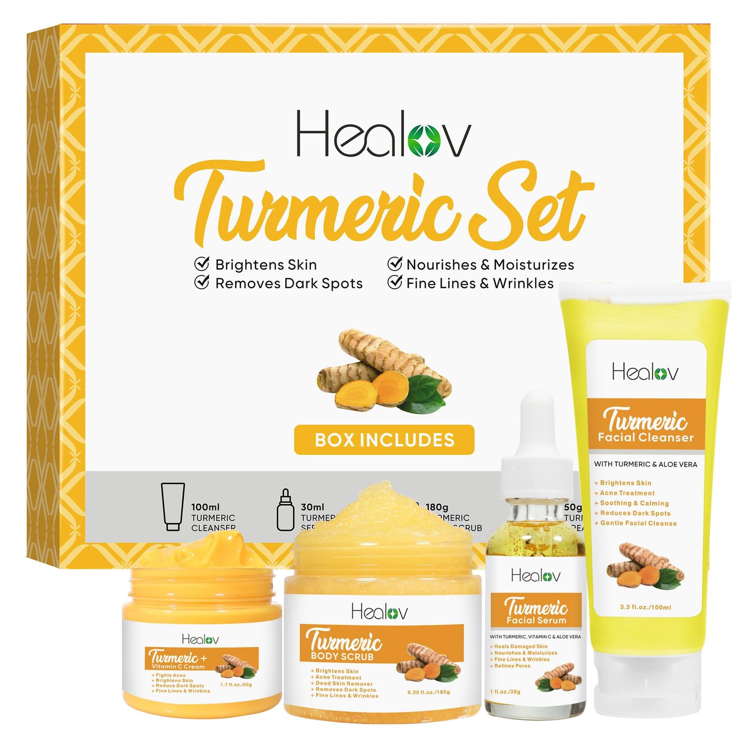 Turmeric Skincare Set - Turmeric Skin Care Products Brightening &amp; Acne - Turmeric Skin Care Kit, Turmeric Skin Care Set - Turmeric Cleanser, Body Scrub, Face Cream &amp; Facial Serum